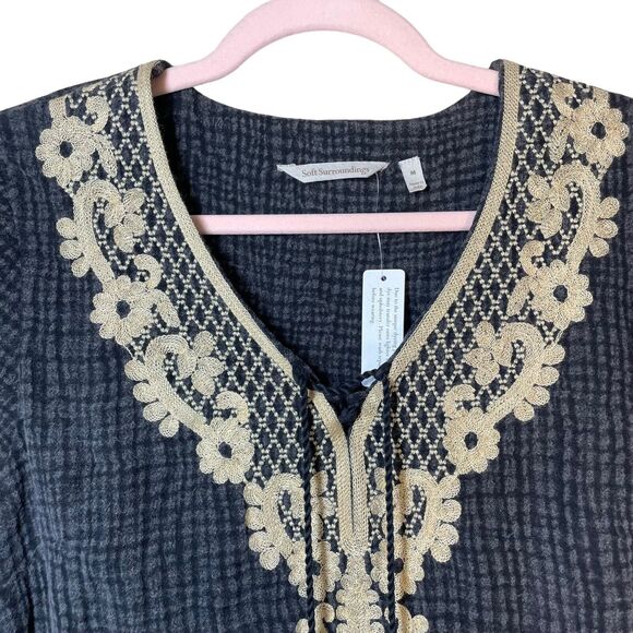 Soft Surroundings Womens M Charcoal Gauze Short Sleeve Gold Embroidered Blouse - Picture 4 of 11
